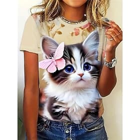 Women's T Shirt Casual Print Short Sleeve Regular Tops Daily Khaki Summer