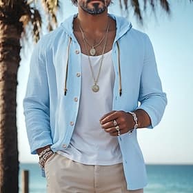 Herren Hemd leinenhemd Strandbekleidung Knopfhemd Kapuzenshirt Glatt Urlaub Curise Schwarz Weiß Grün Khaki Langarm Mit Kapuze Frühling Sommer Bekleidung Knopf