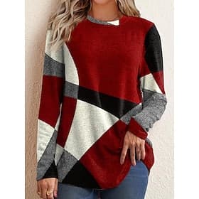 Women's T shirt Long Sleeve Crew Neck Long Sleeve Tunic Argyle Pattern Cozy Plush Pullover Red Black Gray White Round Neck Casual Elegant Warm Autumn Winter Cl