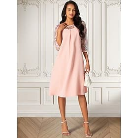 Women's A Line Dress Lace 3/4 Length Sleeve Wedding Guest Cocktail Party Light Pink