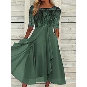 Women's Maxi Dress Lace Dress Cocktail Dress Wedding Guest Dress Chiffon Dress Elegant Formal Work Cocktail Party Regular Fit Half Sleeve Crew Neck Dark Green