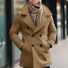 Men's Winter Coat Peacoat Trench Coat Outdoor Daily Wear Fall  Winter Polyester Thermal Warm Outerwear Clothing Apparel Fashion Streetwear Plain Pocket Lapel D
