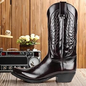 Men's Classic Brown Faux Leather Western Cowboy Boots - Embossed Pattern, Pointed Toe, and Mid-Heel for Rodeo, Ranch, and Casual Wear