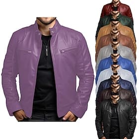Men's Faux Leather Jacket Transition Jacket Biker Jacket Red Leather Jacket Vacation Daily Windproof Warm Pocket Fall Winter Plain Fashion Classic Stand Colla