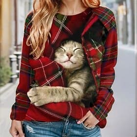 Women's Sweatshirt Plaid Cat Street Dailywear Print Casual Crew Neck Long Sleeve Micro-elastic Fall Winter Comfrt Breathable Soft Fabric