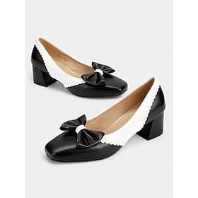 Women's Black and White Block Heel Pumps with Bow Detail – Vintage-Inspired Low-Heel Shoes for Office, Casual, and Dressy Occasions