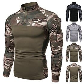 Men's Outdoor Shirt Hiking Shirt Tactical Military Shirt Long Sleeve Quarter Zip Top Outdoor Soft Breathable Summer Polyester Patchwork Black Army Green Grey G