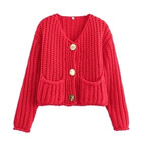 Women's Red Cardigan Crew Neck Chunky Knit Knitted Fall Winter Work Going out Fashion Streetwear Daily Long Sleeve Solid Color White Red