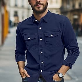 Men's Shirt Summer Shirt Corduroy Shirt Button Up Shirt Black White Navy Blue Long Sleeve Plain Turndown Casual Daily Button-Down Clothing Apparel Cotton Fashi