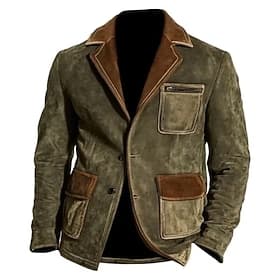 Men's Faux Leather Jacket Faux Suede Jacket Blazer Formal Office Windbreaker Pocket Winter Spring Fall Color Block Vintage Fashion Shirt Collar Regular Green