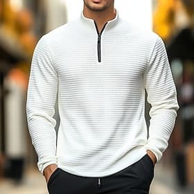 Men's Waffle Polo Shirts Waffle T Shirt Sports Outdoor Cycling Standing Collar Quarter Zip Long Sleeve Fashion Modern Solid Color Knitted Spring   Fall Standar