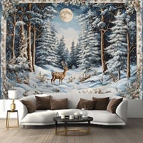 Hanging Tapestry Snow Reindeer Wall Art Large Tapestry Mural Decor Photograph Backdrop Blanket Curtain Home Bedroom Living Room Decoration