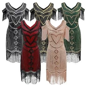 Roaring 20s 1920s Knee Length Short Length Flapper Dress Party Costume Cold Shoulder The Great Gatsby Wedding Guest Sequins Sequin Tassel V Neck Fancy Dress Wo