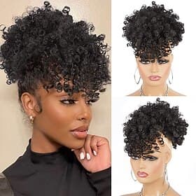 Afro Puff Drawstring Ponytail with Bangs Drawstring Ponytail for Women Kinky Curly Hair Clip in Bangs Short Ponytail Hair Extensions Updo Hairpieces