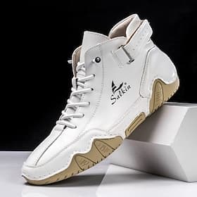 Herren High-Top-Sneaker aus Kunstleder – handgenähte weiße Schnürschuhe mit Schnallendetail und strapazierfähiger Sohle für den lässigen und urbanen Look