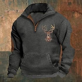 Men's Sweatshirt Waffle Sweatshirt Quarter Zip Sweatshirt Black White Navy Blue Khaki Dark Gray Half Zip Reindeer Print Christmas Daily Holiday Polyester Stree