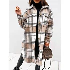 Women's Coat Outdoor Street Daily Wear Fall Winter Long Coat Regular Fit Thermal Warm Breathable Stylish Casual Jacket Long Sleeve Stripes and Plaid with Pocke