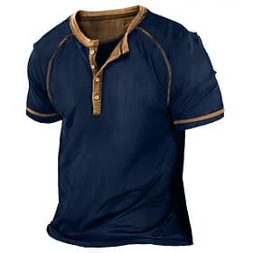 Men's T Shirt Henley Shirt Tee Top Short Sleeve Color Block Vintage Fashion Designer Basic Buttons Henley Vacation Street Going out Summer Dark Grey Navy Blue