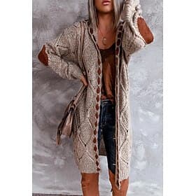 Women's Cardigan Vintage Streetwear Daily Geometric Cable Hooded Lace up Long Sleeve Long Tops Knit Work Holiday Going out Khaki Fall Winter
