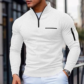 Men's Waffle Polo Shirts Textured Sports  Outdoor Daily Wear Quarter Zip Long Sleeve Fashion Comfortable Color Block Zip Up Pocket Spring   Fall Cross-Seasons