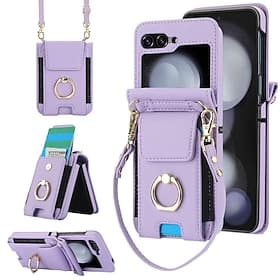 Phone Case For Samsung Galaxy Z Flip 7 Z Flip 6 Z Flip 5 Z Flip 4 Z Flip 3 Back Cover Ring Holder with Lanyard with Wrist Strap Retro TPU PU Leather