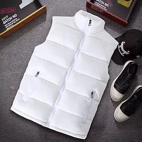 Men's Puffer Vest Vest Gilet Vacation Daily Date Fashion Casual Fall Winter Pocket Polyester Thermal Warm Comfortable Plain Zipper Stand Collar Regular Fit Bl