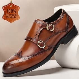 Men's Brown Double Monk Strap Shoes with Brogue Detailing - Premium Cowhide Leather Formal Dress Shoes for Business  Special Events