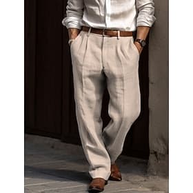 Men's Linen Pants Trousers Summer Pants Pleated Pants Dress Slacks Front Pocket Straight Leg Plain Comfort Breathable Casual Daily Holiday Fashion Basic Black