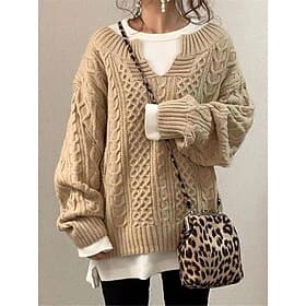Women's Sweater Pullover Sweater Jumper V Neck Cable Knit Knitted Fall Winter Outdoor Daily Weekend Casual Soft Long Sleeve Pure Color White Pink