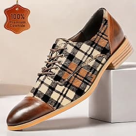 Men's Brown Plaid Oxford Shoes – Premium Cowhide Leather  Horsehair Casual Dress Shoes