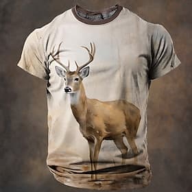 Men's Deer T Shirt Short Sleeve T shirt 3D Print Crew Neck Shirt Retro Vintage Casual Street Style Sports Outdoor Holiday Beige Grey Spring  Summer Clothing Ap