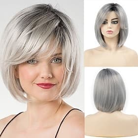 Short Grey Wigs for Women Bob Wig Natural Straight Wig Side Part Hair for Daily Party Cosplay