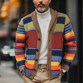 Men's Cardigan Sweater Chunky Knit Button Up Striped Shawl Lapel Knitwear Elegant Carnival Formal Clothing Apparel Drop Shoulder Fall Winter Red M L XL