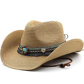 Men's Straw Hat Sun Hat Cowboy Hat Fedora Trilby Hat Black White Straw Rope Vintage Style Fashion 18th Century State of Texas Daily Theme Party Solid / Plain C