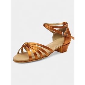 Women's Satin Latin Dance Sandals with Strappy Design, Soft Suede Sole and Low Heel – Perfect for Ballroom, Salsa, and Social Dancing