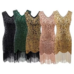 Roaring 20s 1920s Knee Length Flapper Dress Party Costume Sleeveless The Great Gatsby Wedding Guest Sequins Tassel Fringe Sequin Tassel V Neck Fancy Dress Wome