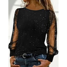 Women's Sequin Sparkly Party Glitter Patchwork Mesh Plain Fashion Modern Casual Long Sleeve Crew Neck Regular Tops Daily Weekend Blue Black Wine Fall Winter thumbnail 2