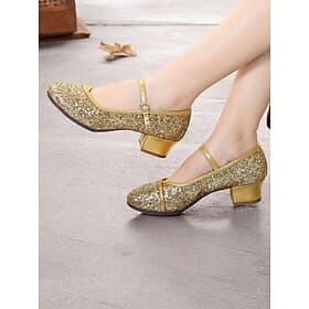 Women's Gold Glitter Mary Jane Dance Shoes – Low Block Heel Ballroom Shoes for Special Events and Performances
