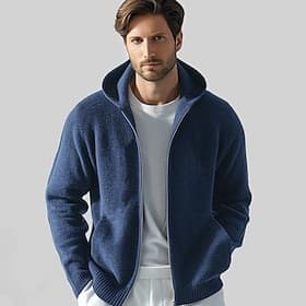 Men's 100% Wool Zip Sweater Solid Color Hooded Knitwear Elegant School Training Clothing Apparel Fall Winter Black White S M L XL