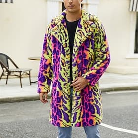 Men's Winter Jacket Fleece Jacket Faux Fur Coat Daily Vacation Thermal Warm Pocket Fleece Fall  Winter Leopard Print Fashion Streetwear Lapel Long Green Jacket