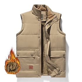 Men's Quilted Vest Daily Casual Fall  Winter Pocket Polyester Comfortable Solid Color Zipper Stand Collar Black Khaki Army Green Dark Blue Vest