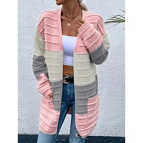 Women's Sweater Cardigan Open Front Ribbed Knit Pocket Knitted Fall Winter Outdoor Daily Weekend Casual Soft Long Sleeve Color Block Pink Orange
