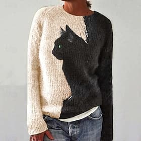 Women's Sweater Daily Graphic Crew Neck Print Long Sleeve Regular Tops Knit Formal Weekend White / Black Fall Winter