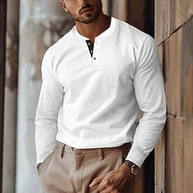 Men's T shirt Tee Henley Shirt Tee Long Sleeve Shirt Plain Henley Casual Holiday Long Sleeve Pocket Button Front Clothing Apparel Cotton Fashion Designer Comfo