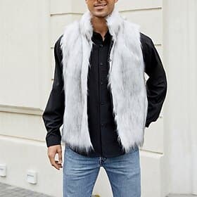 Men's Vest Faux Fur Gilet Daily Date Vacation Fashion Casual Fall Winter Keep Warm Polyester Comfortable Plain Cardigan Stand Collar Regular Fit Black White Y