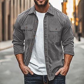 Men's Casual Shirt Corduroy Shirt Button Up Shirt Solid Color Daily Vacation Blue Brown Gray Long Sleeve Lapel Spring   Fall Clothing Apparel Pocket