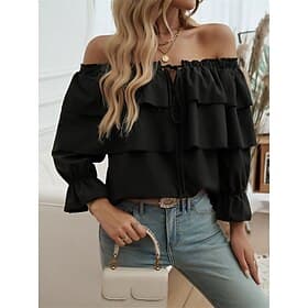Women's Shirt Blouse Ruffle Backless Solid Color Basic Casual Long Sleeve Off Shoulder Regular Tops Daily Black White Fall