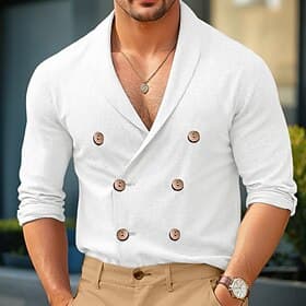 Men's Shirt Linen Shirt Solid Color Formal Party Evening Wear White Navy Blue Khaki Long Sleeve Shawl Collar Spring   Fall Cross-Seasons Clothing Apparel Butto