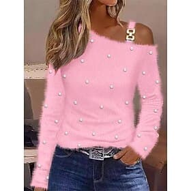 Women's Pullover Sweater Jumper Knit Sweater Jumper Fashion Basic Casual Solid Color Cold Shoulder Patchwork Beaded Long Sleeve Regular Tops Knit Daily Outdoor