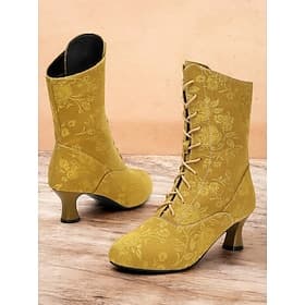Botines vintage con cordones y flores para mujer con tacón medio: elegantes botas de jacquard para un estilo retro y ocasiones especiales